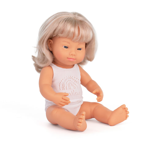 Miniland pop Europees licht blond haar Down meisje